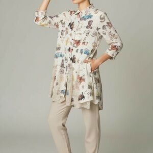Origami Elegant Western Design Cream Printed Button Up NEW
